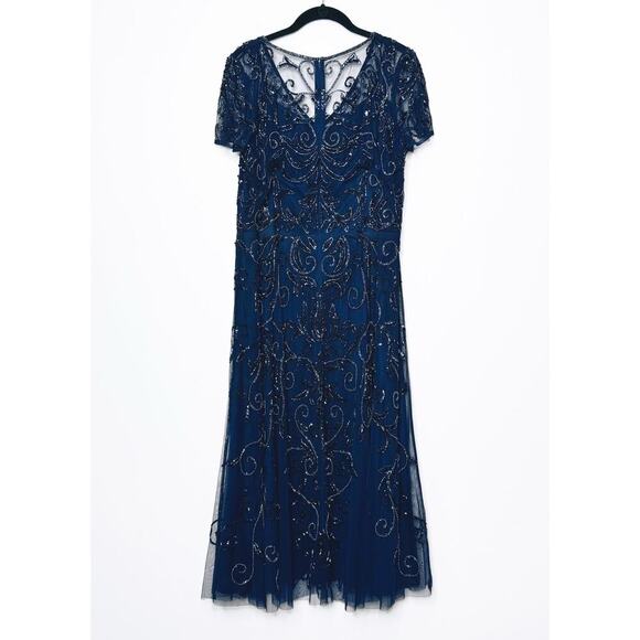 Oleg Cassini Allover Beaded Short Sleeve Midi Dress in Navy Blue Size 16 - Picture 9 of 15